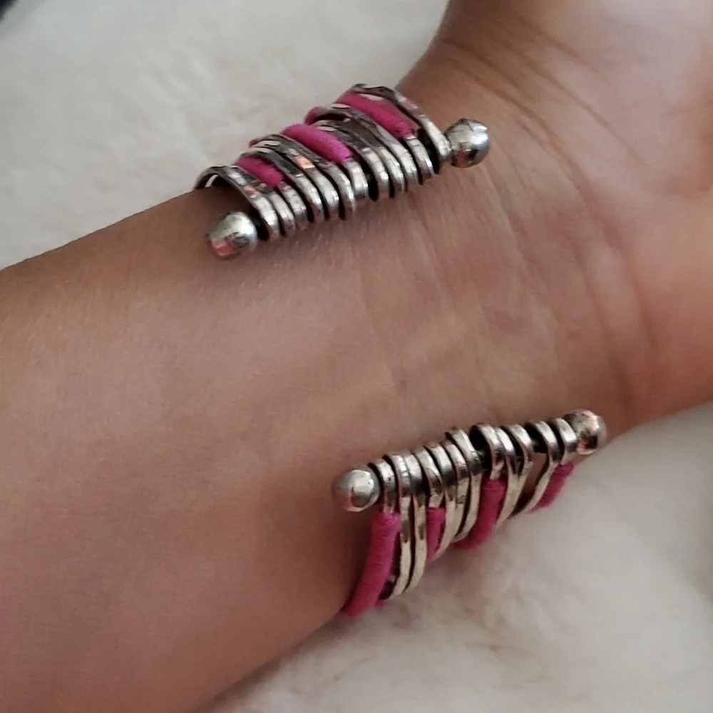 HOT PINK SILVER TONE MULTI STRAND CUFF BRACELET